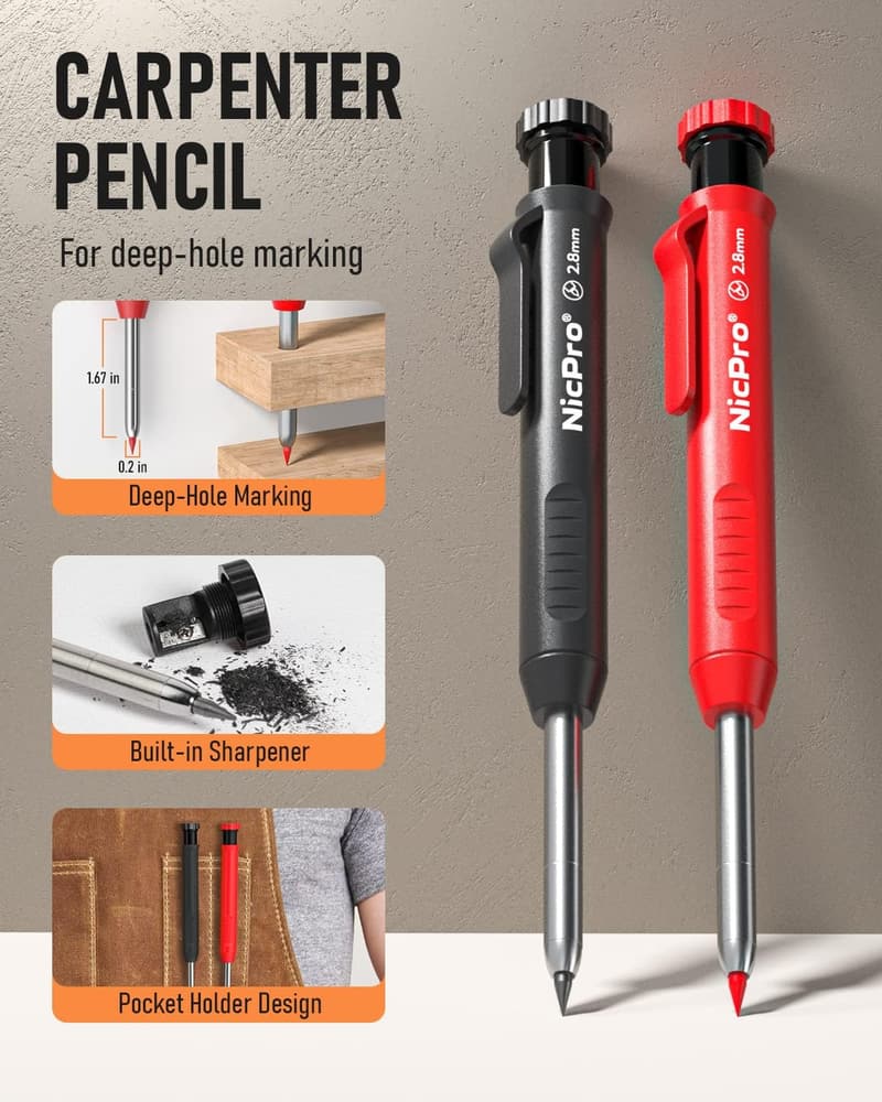 Heavy-Duty Carpenter Pencil Set with Sharpener & 26 Refills