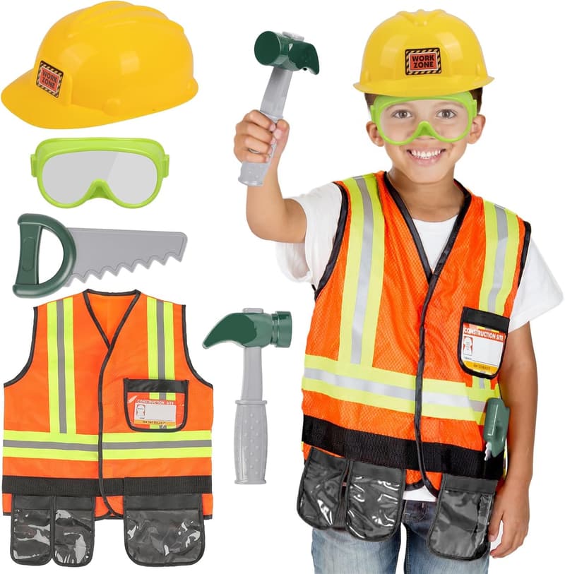 Kids Construction Worker Dress-Up Set with Tools, Vest & Hat