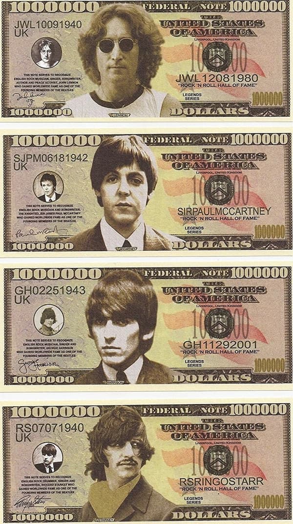 The Beatles Complete Set of 4 Novelty Million Dollar Bills