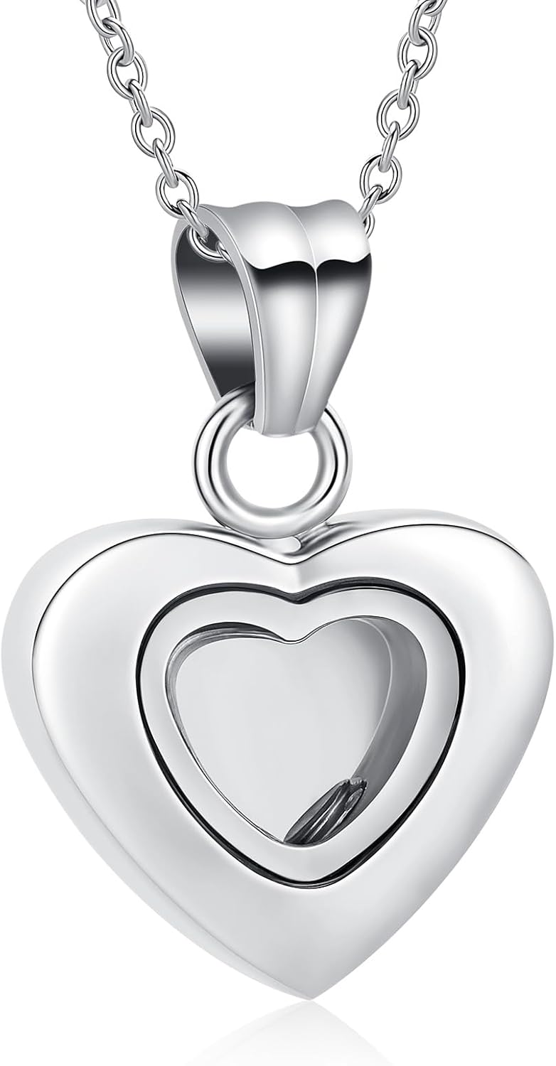 Tiny Glass Heart Urn Necklace in Stainless Steel for Ashes