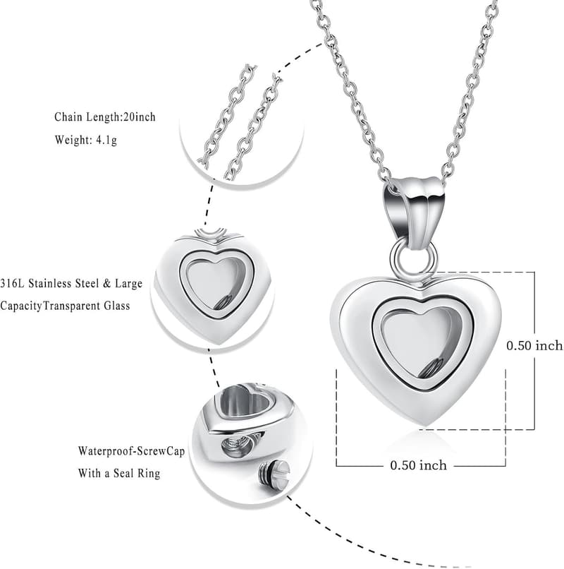 Tiny Glass Heart Urn Necklace in Stainless Steel for Ashes