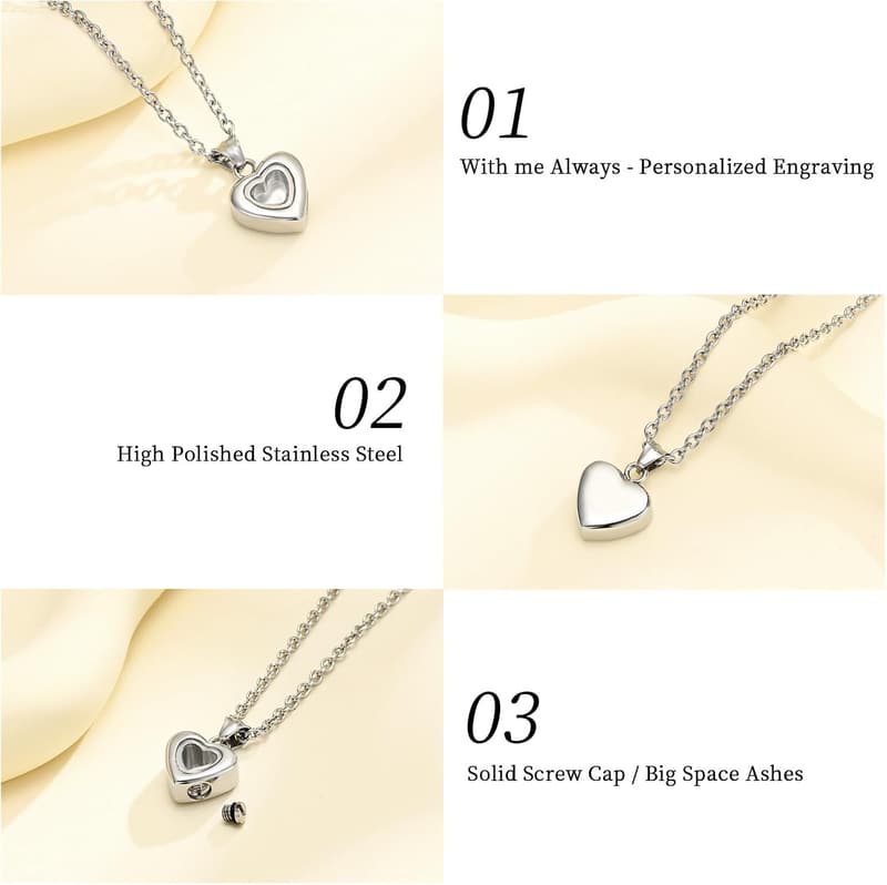 Tiny Glass Heart Urn Necklace in Stainless Steel for Ashes