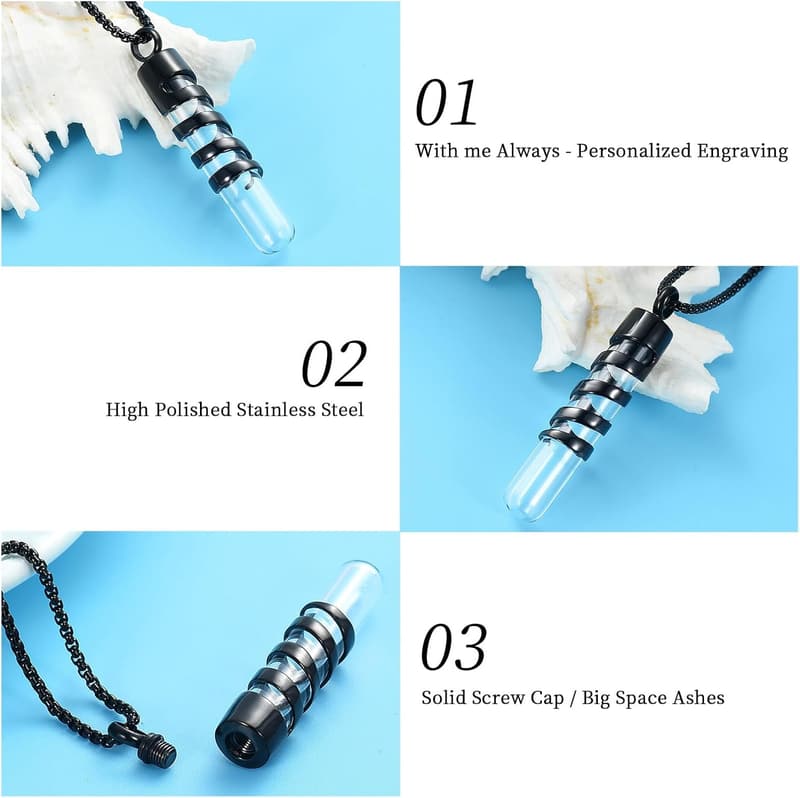 Clear Glass Tube Cremation Urn Necklace with Fill Kits