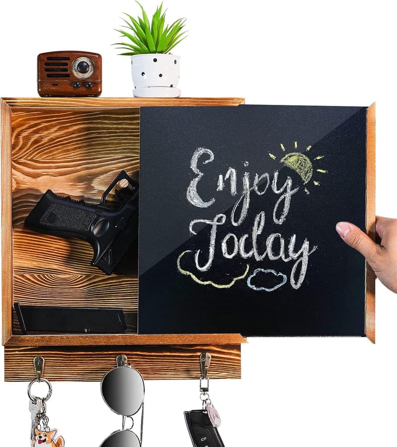 Hidden Wall Gun Safe Shelf with 3 Hooks for Concealed Storage