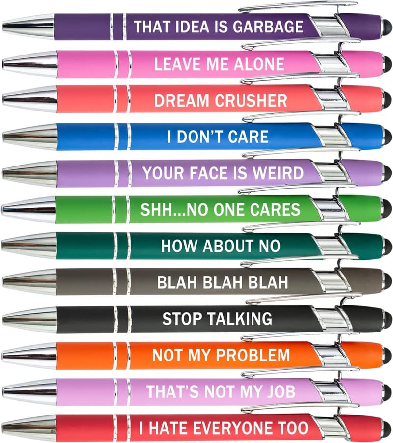 Funny Sarcastic Ballpoint Pens with Stylus - 12 Pieces