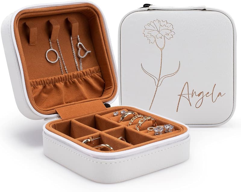 Personalized Leather Jewelry Box with Name & Birth Flower - Birthday Gift for Women