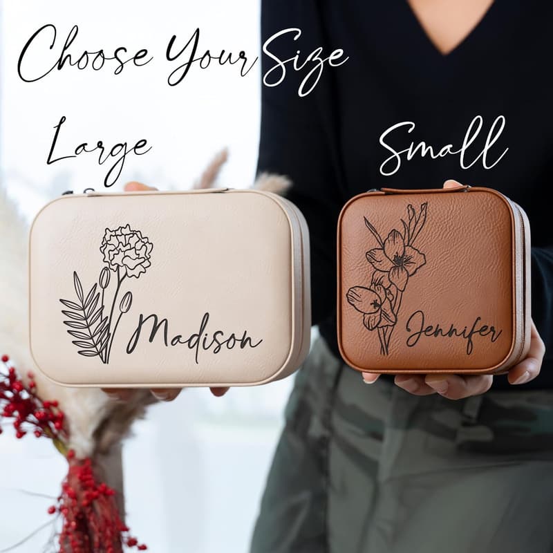 Personalized Leather Jewelry Box with Name & Birth Flower - Birthday Gift for Women