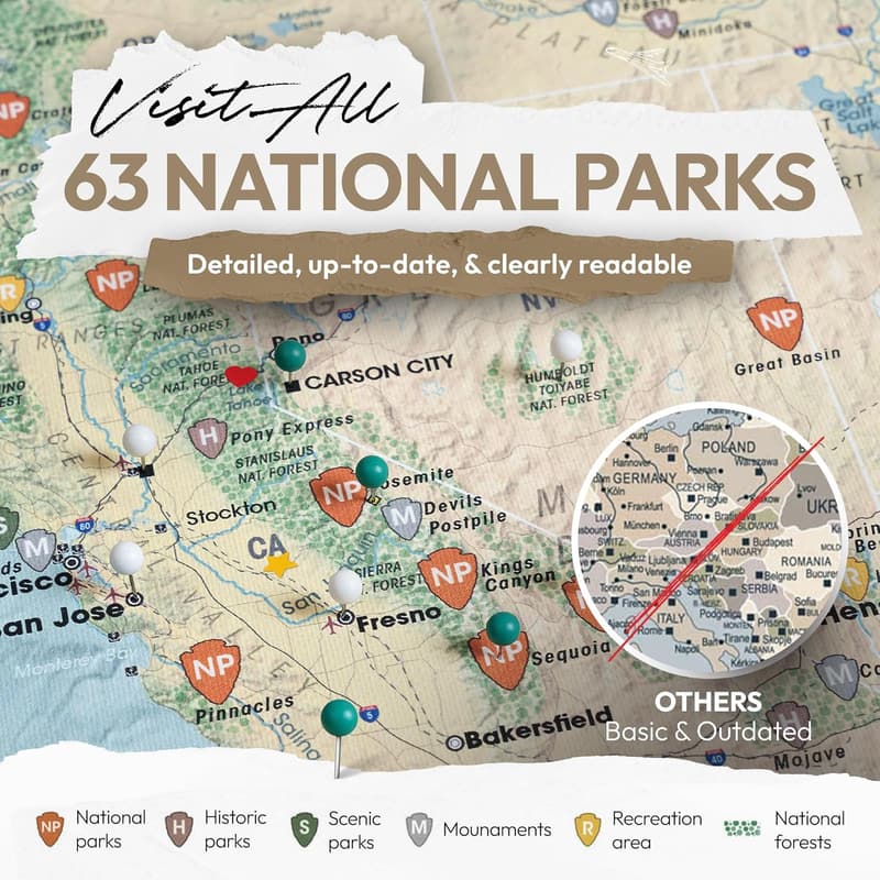 National Parks Travel Map with Push Pins - Customizable Wall Art