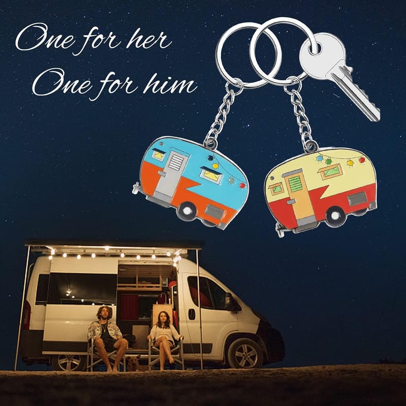 Camping Keychain Set for Couples - Happy RV Keyrings (2 Pack)