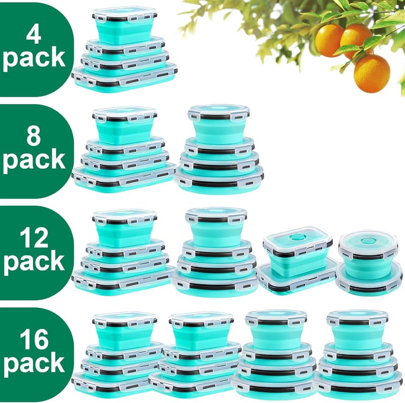 Collapsible Silicone Food Storage Containers - 8 Pack