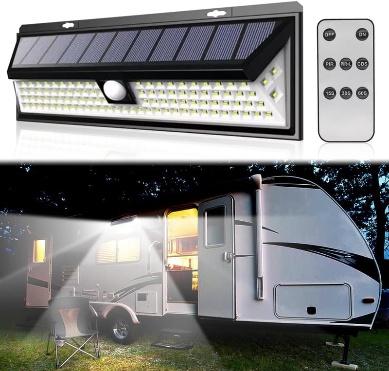 Solar RV Porch Light with Remote - 118 LED Waterproof Motion Sensor