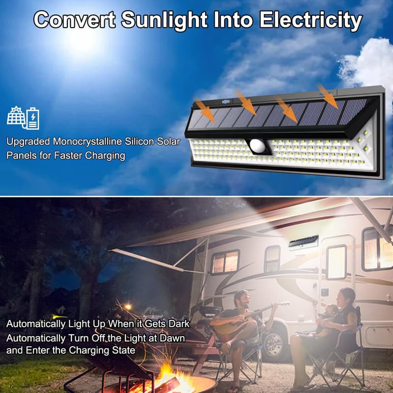 Solar RV Porch Light with Remote - 118 LED Waterproof Motion Sensor