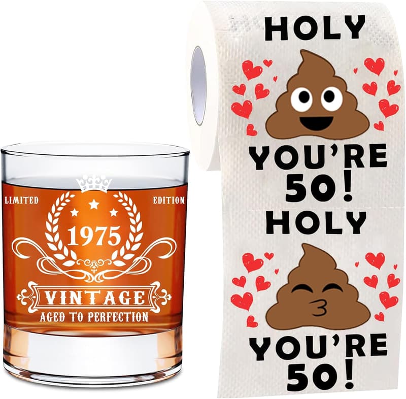 50th Birthday Gift Set for Men: 1975 Whiskey Glass & Toilet Paper