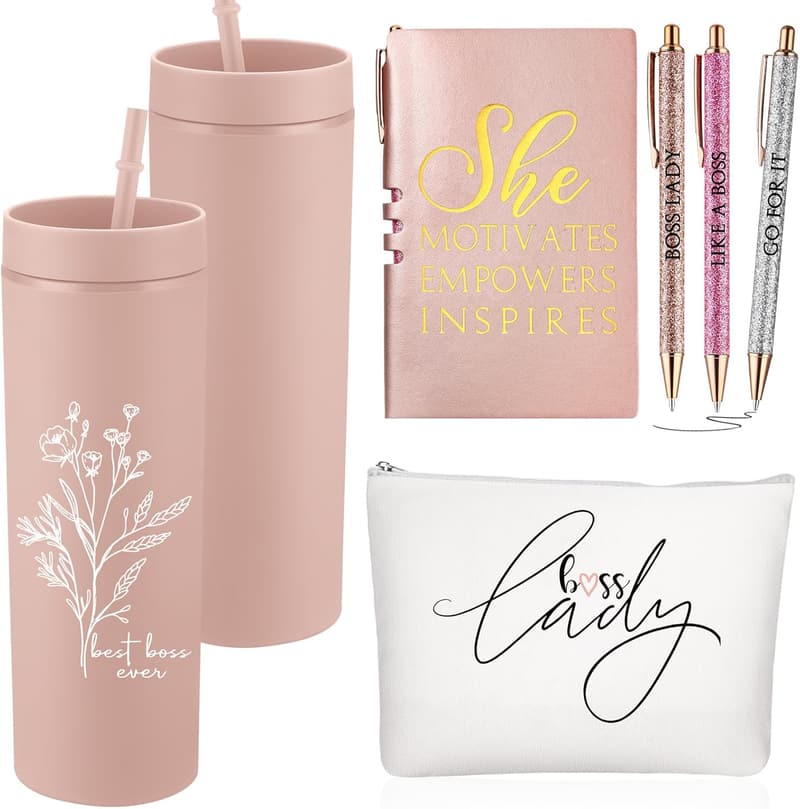 Boss Appreciation Gift Set for Women - 16 oz Tumbler, Makeup Bag & Notepad