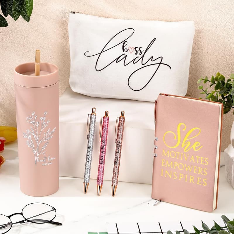 Boss Appreciation Gift Set for Women - 16 oz Tumbler, Makeup Bag & Notepad