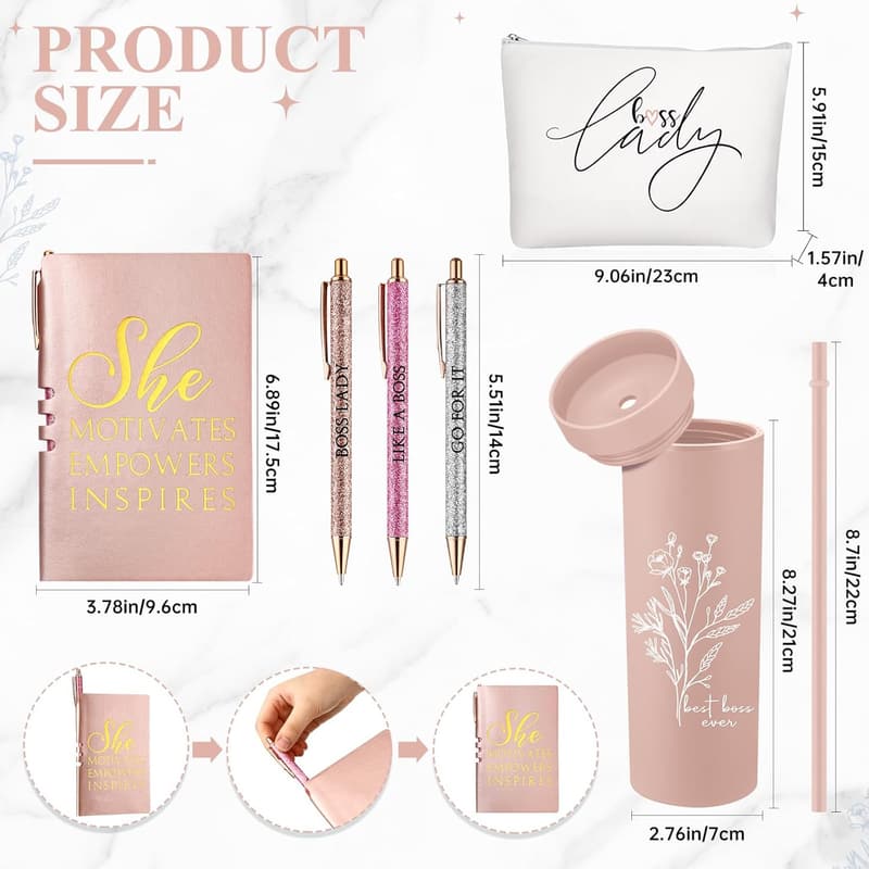 Boss Appreciation Gift Set for Women - 16 oz Tumbler, Makeup Bag & Notepad