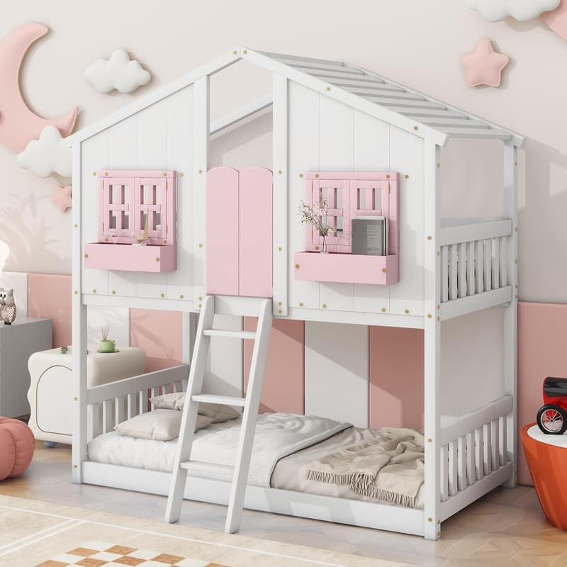 Bunk Bed with Roof & Storage for Kids - White/Pink