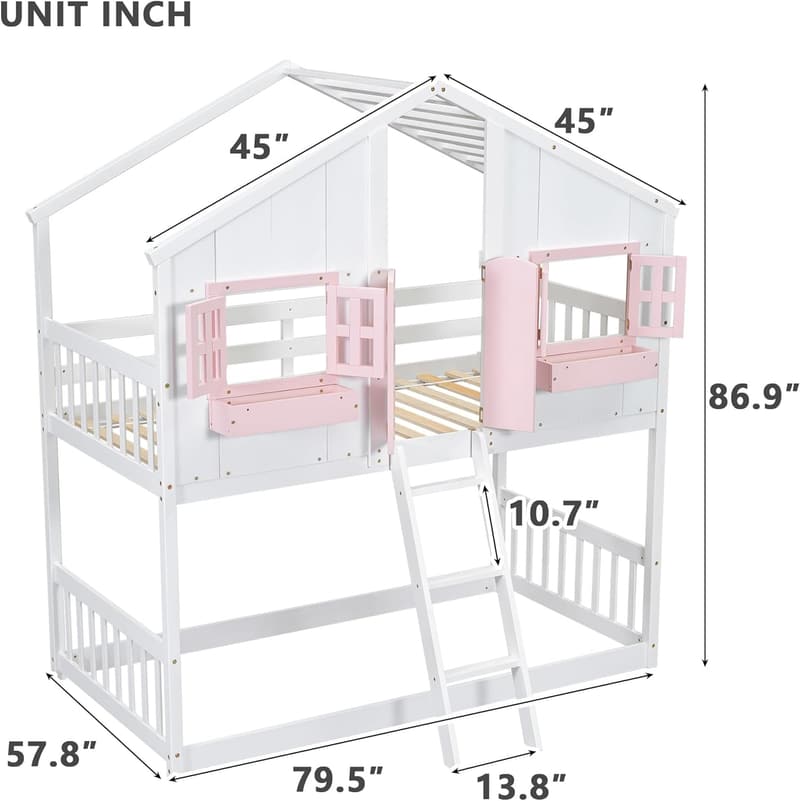 Bunk Bed with Roof & Storage for Kids - White/Pink