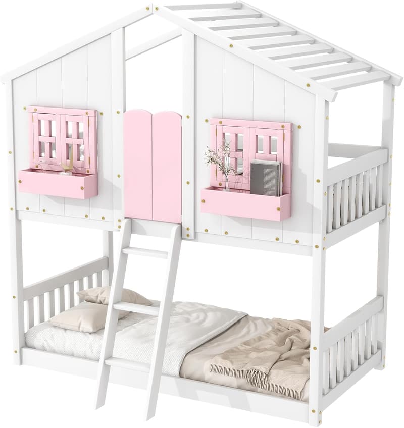 Bunk Bed with Roof & Storage for Kids - White/Pink