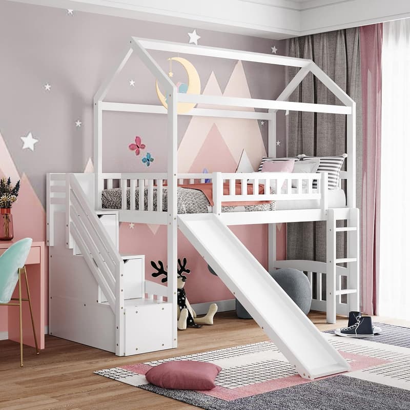 Kids' White Loft Bed with Slide and Storage Drawers
