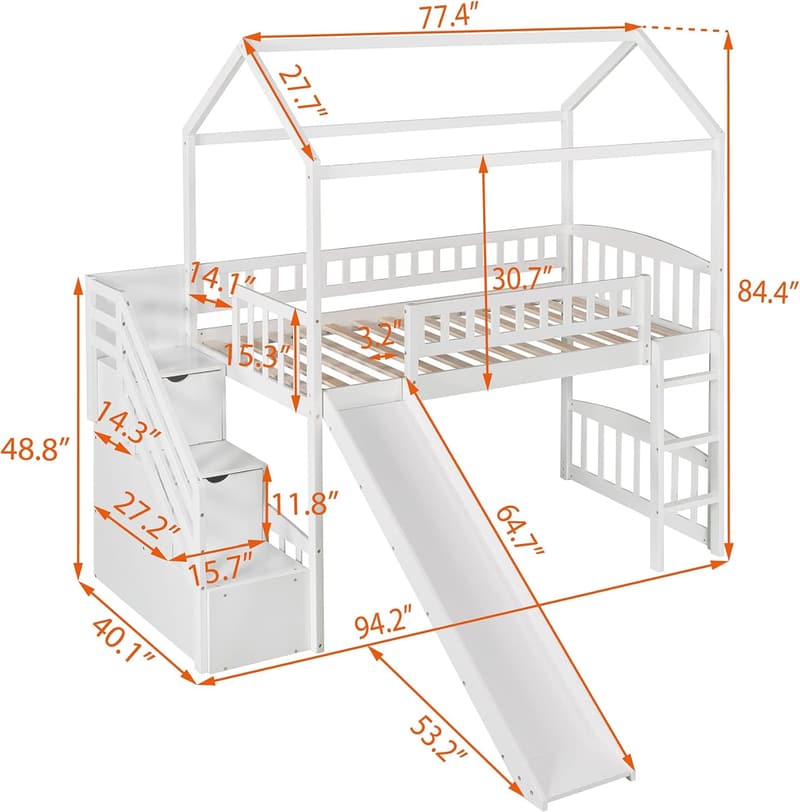 Twin House Loft Bed with Slide & Step Storage for Kids