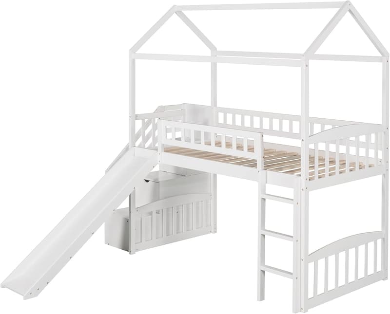Kids' White Loft Bed with Slide and Storage Drawers