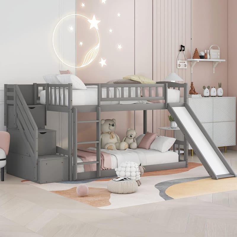 Twin Over Twin Bunk Bed with Slide & Storage, Gray Finish