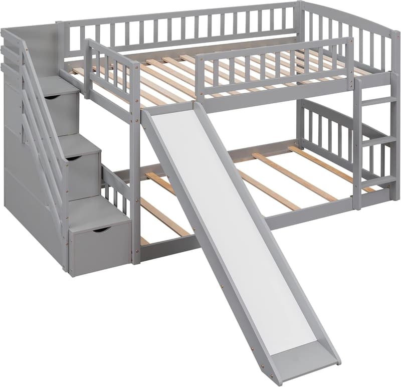 Twin Over Twin Bunk Bed with Slide & Storage, Gray Finish