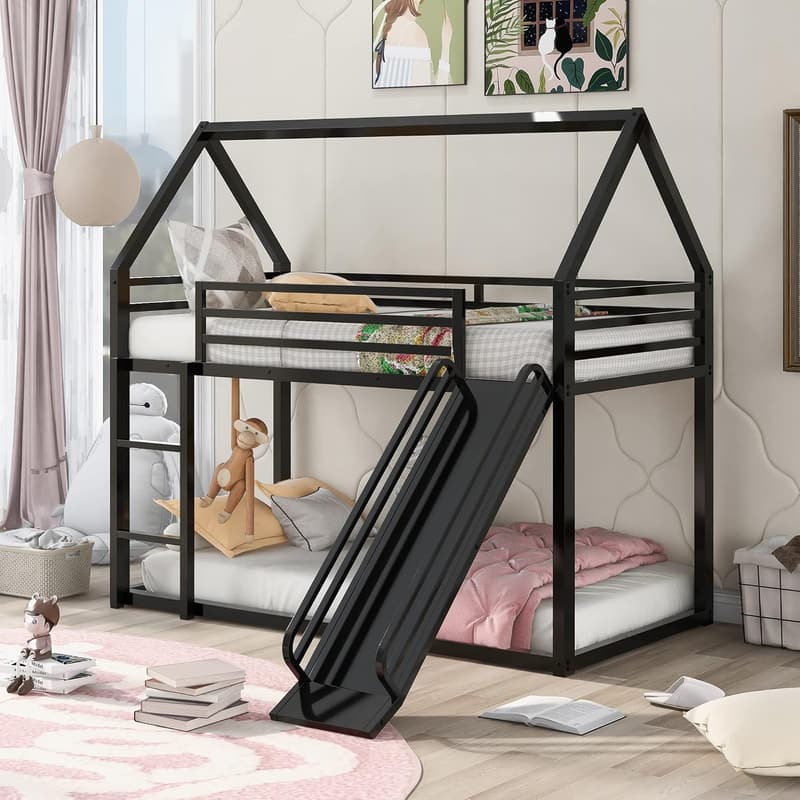 Junior House Twin Over Twin Bunk Bed with Slide & Guardrail (Black)