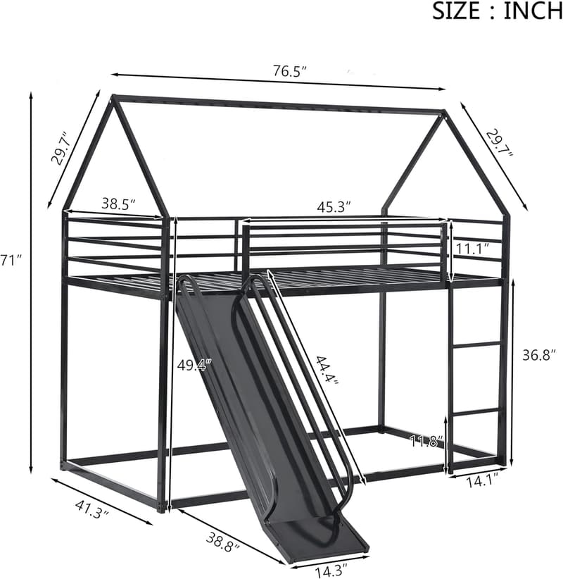 Junior House Twin Over Twin Bunk Bed with Slide & Guardrail (Black)
