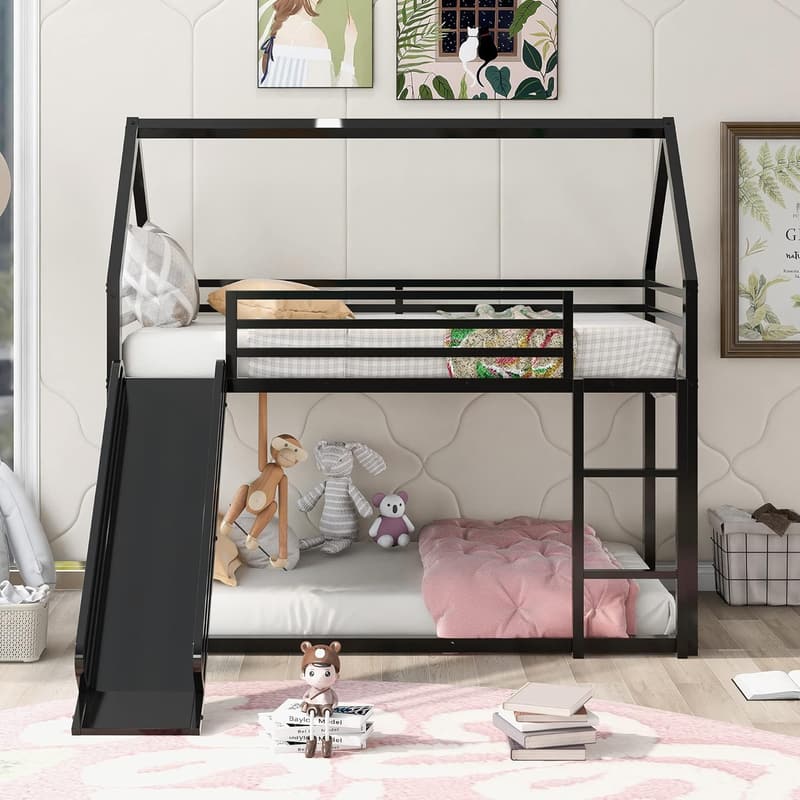 Junior House Twin Over Twin Bunk Bed with Slide & Guardrail (Black)