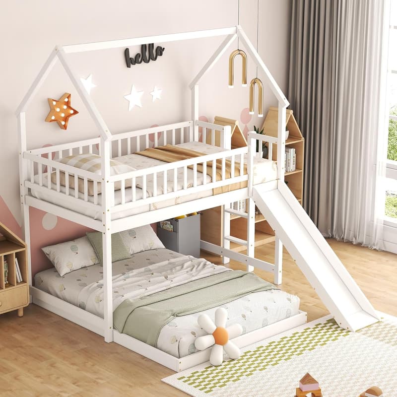 Wooden Twin Over Full House Bunk Bed with Slide, White