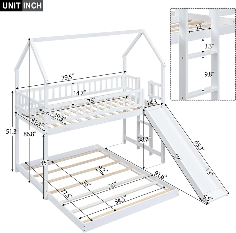 Wooden Twin Over Full House Bunk Bed with Slide, White