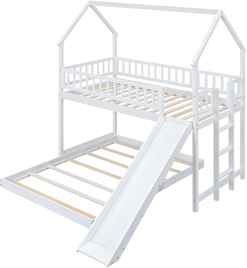 Wooden Twin Over Full House Bunk Bed with Slide, White