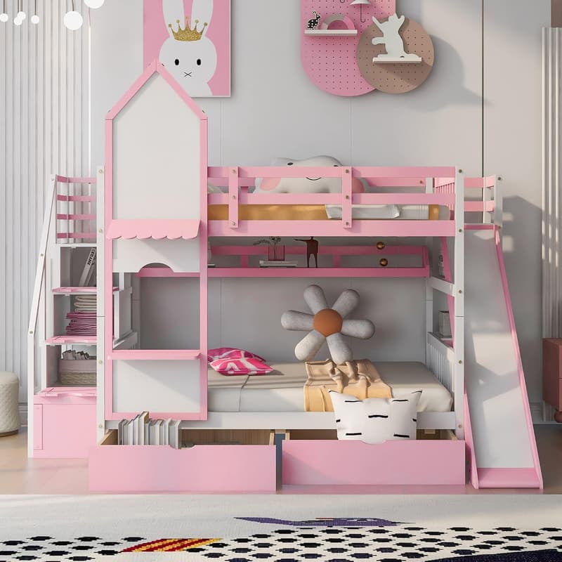 Castle Style Full-Over-Full Bunk Bed with Storage – Pink