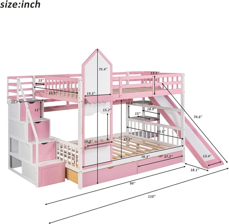 Castle Style Full-Over-Full Bunk Bed with Storage – Pink