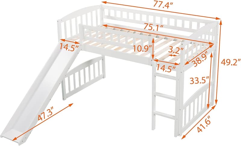 Low Loft Bed with Slide for Kids, White Wood