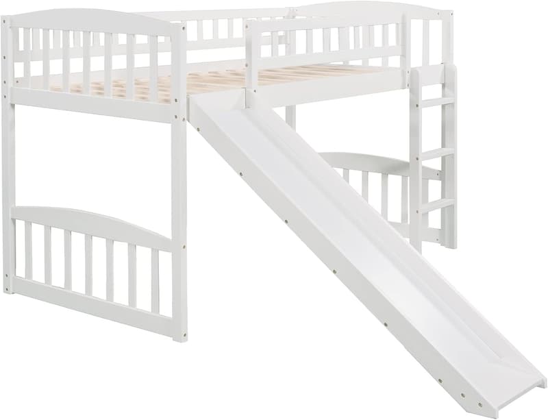 Low Loft Bed with Slide for Kids, White Wood