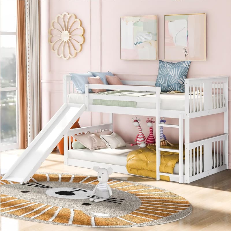 Twin Bunk Bed with Slide & Guardrails for Kids