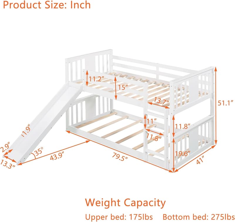 Twin Bunk Bed with Slide & Guardrails for Kids