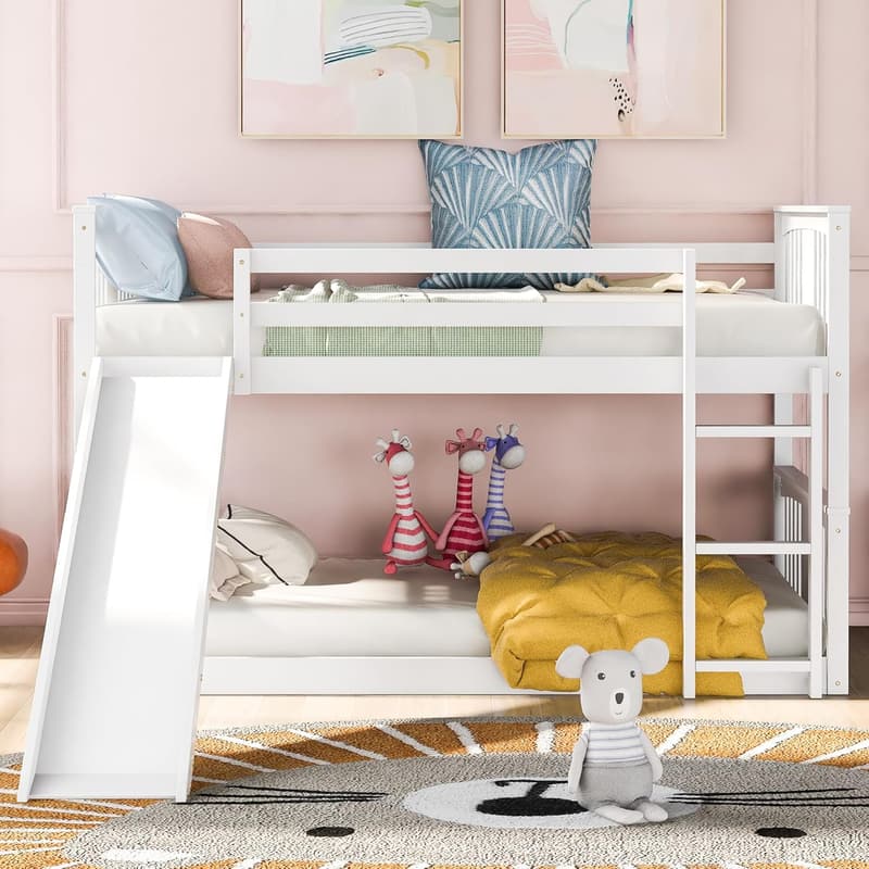 Twin Bunk Bed with Slide & Guardrails for Kids