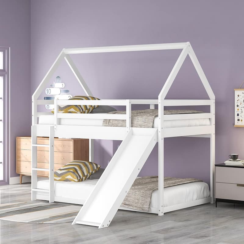 Kids Twin Over Twin Bunk Bed with Slide, Solid Wood (White)