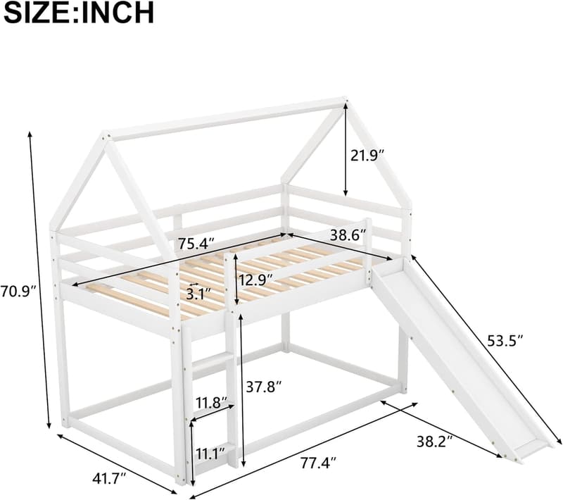 Kids Twin Over Twin Bunk Bed with Slide, Solid Wood (White)