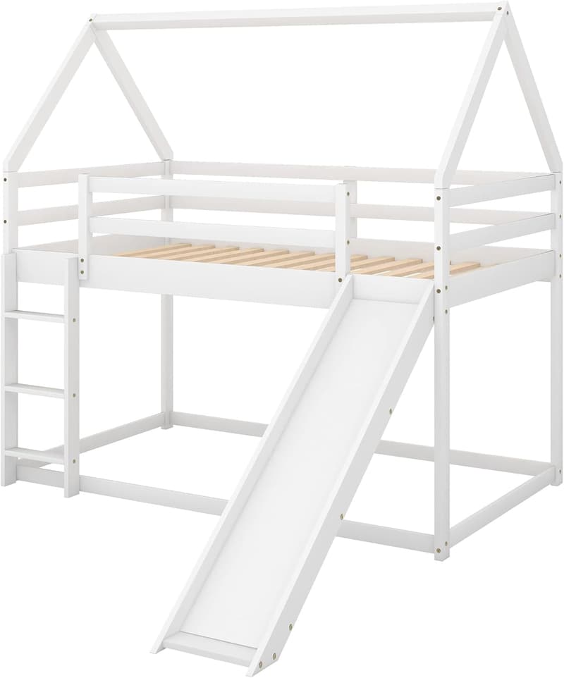 Kids Twin Over Twin Bunk Bed with Slide, Solid Wood (White)