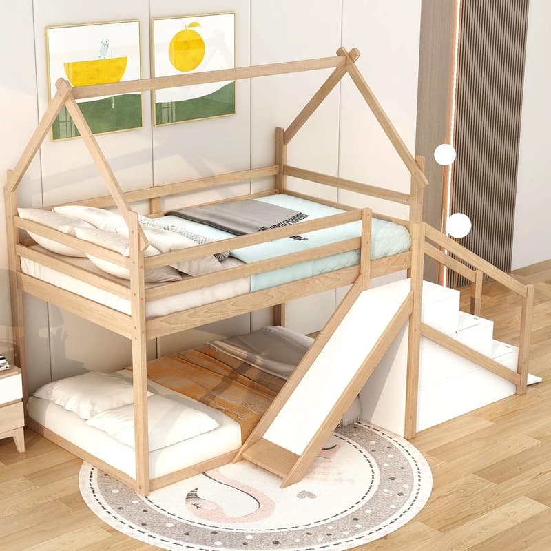 Kids' Twin Over Twin Bunk Bed with Slide & Storage - Natural