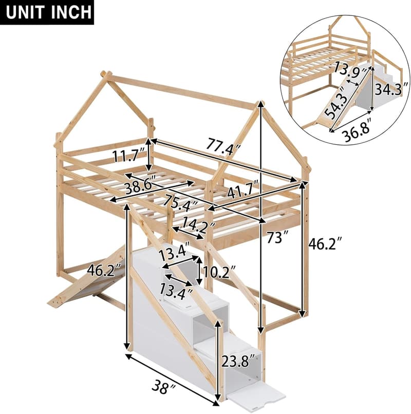 Kids' Twin Over Twin Bunk Bed with Slide & Storage - Natural