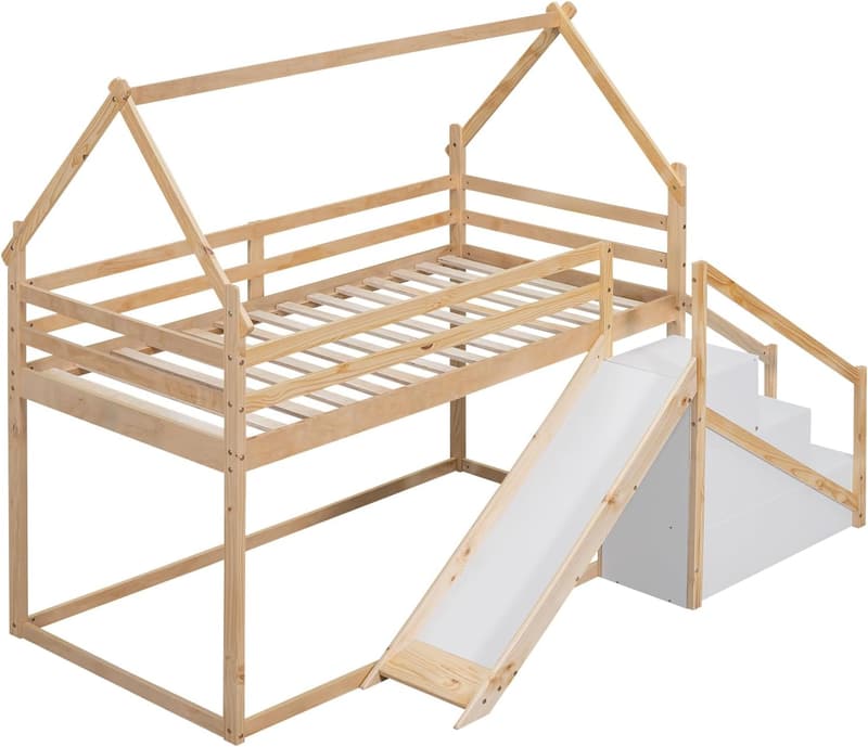 Kids' Twin Over Twin Bunk Bed with Slide & Storage - Natural