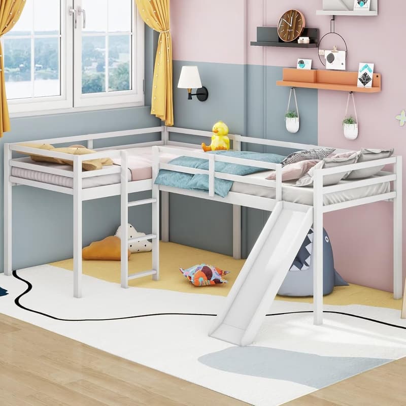L-Shaped Twin Loft Bed Frame with Slide and Guardrail, White