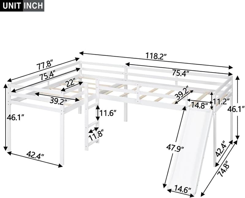 L-Shaped Twin Loft Bed Frame with Slide and Guardrail, White
