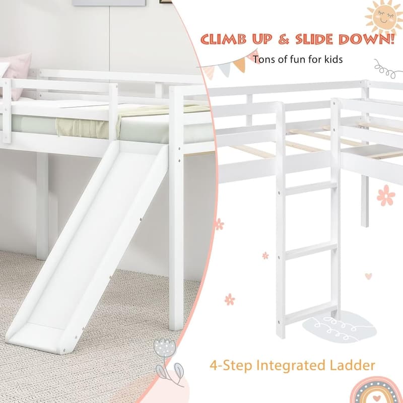L-Shaped Twin Loft Bed Frame with Slide and Guardrail, White